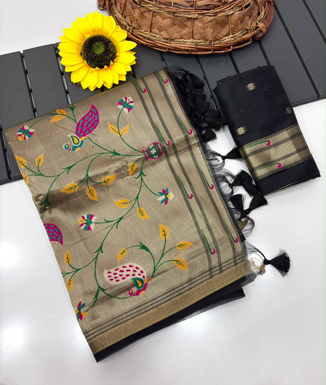 Peachmode Black Paithani Muga Silk Zari Weave Saree - Image 5