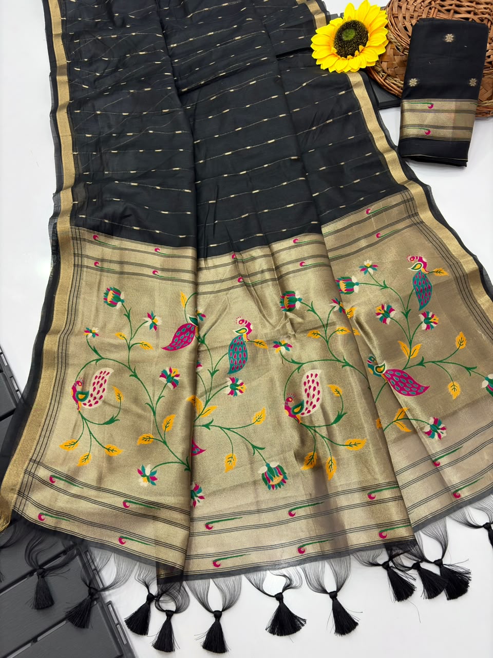 Peachmode Black Paithani Muga Silk Zari Weave Saree - Image 6