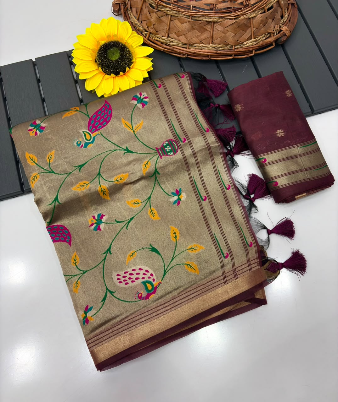 Peachmode Maroon Paithani Muga Silk Zari Weave Saree - Image 5