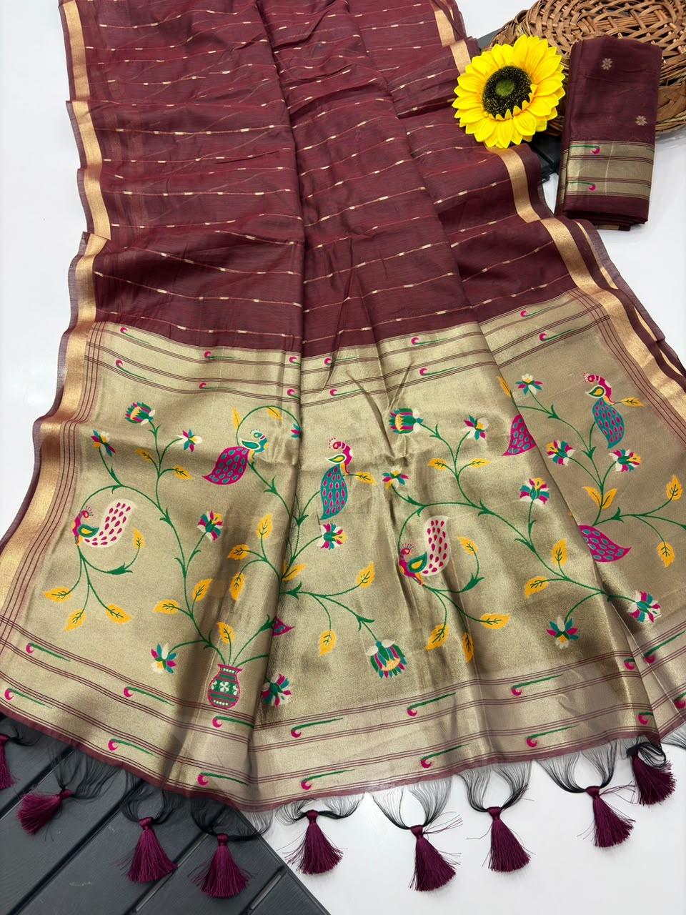 Peachmode Maroon Paithani Muga Silk Zari Weave Saree - Image 6