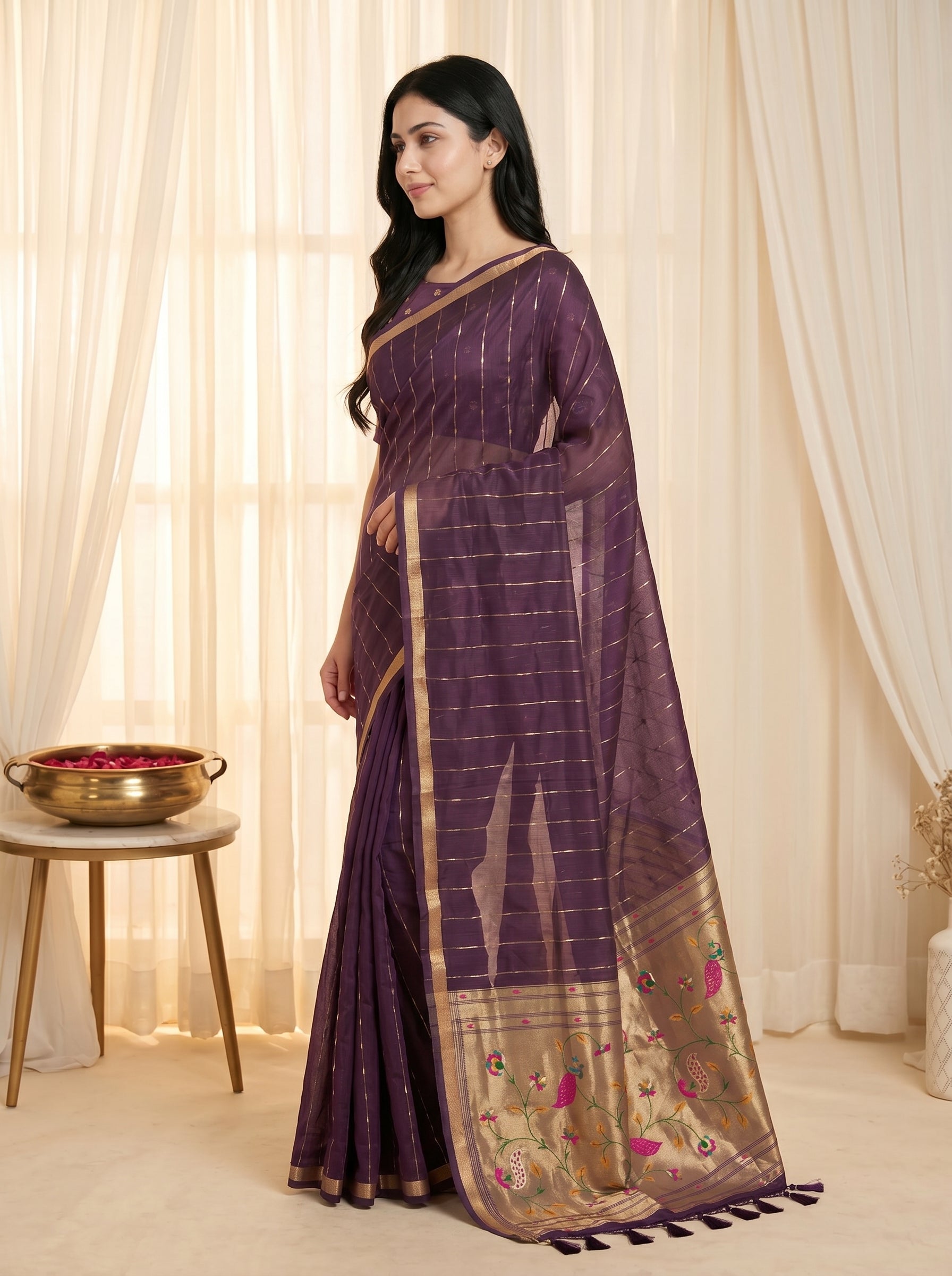 Peachmode Wine Paithani Muga Silk Zari Weave Saree - Image 4