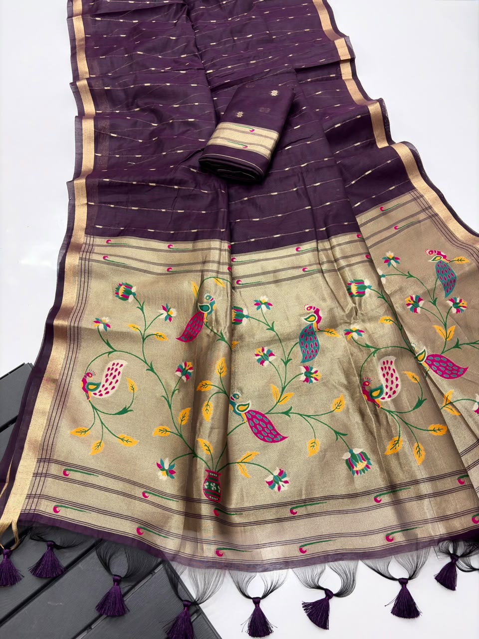 Peachmode Wine Paithani Muga Silk Zari Weave Saree - Image 5