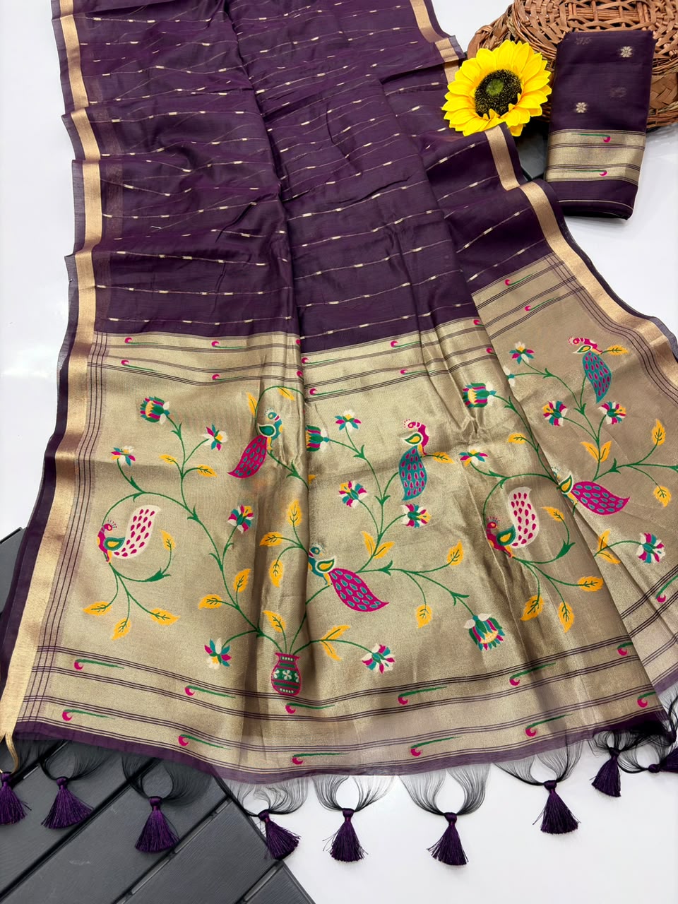 Peachmode Wine Paithani Muga Silk Zari Weave Saree - Image 6