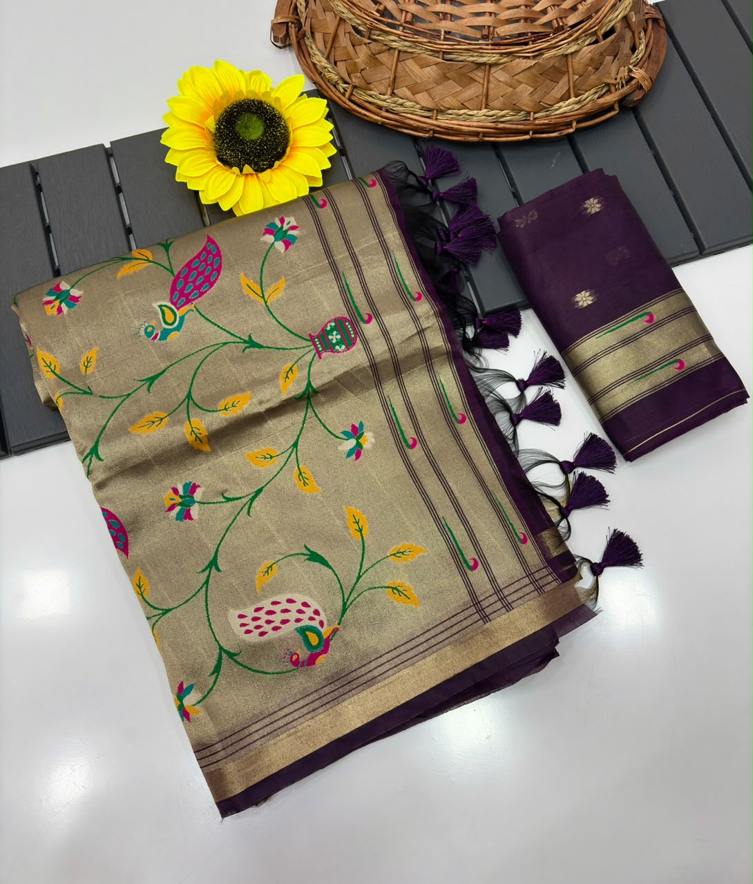 Peachmode Wine Paithani Muga Silk Zari Weave Saree - Image 7