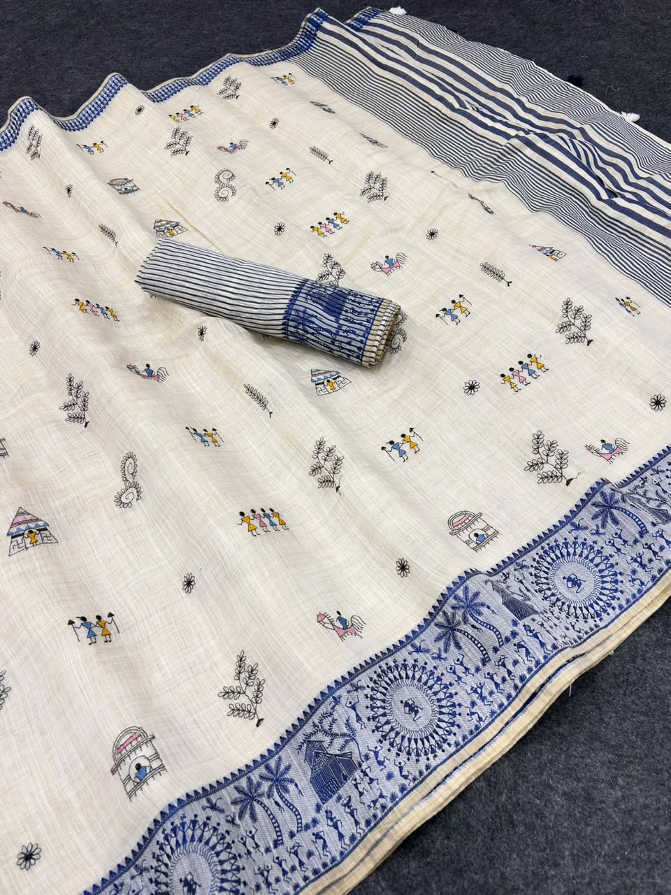 Peachmode Cream & Blue Muga Silk Warli Weave Border Saree - Image 6