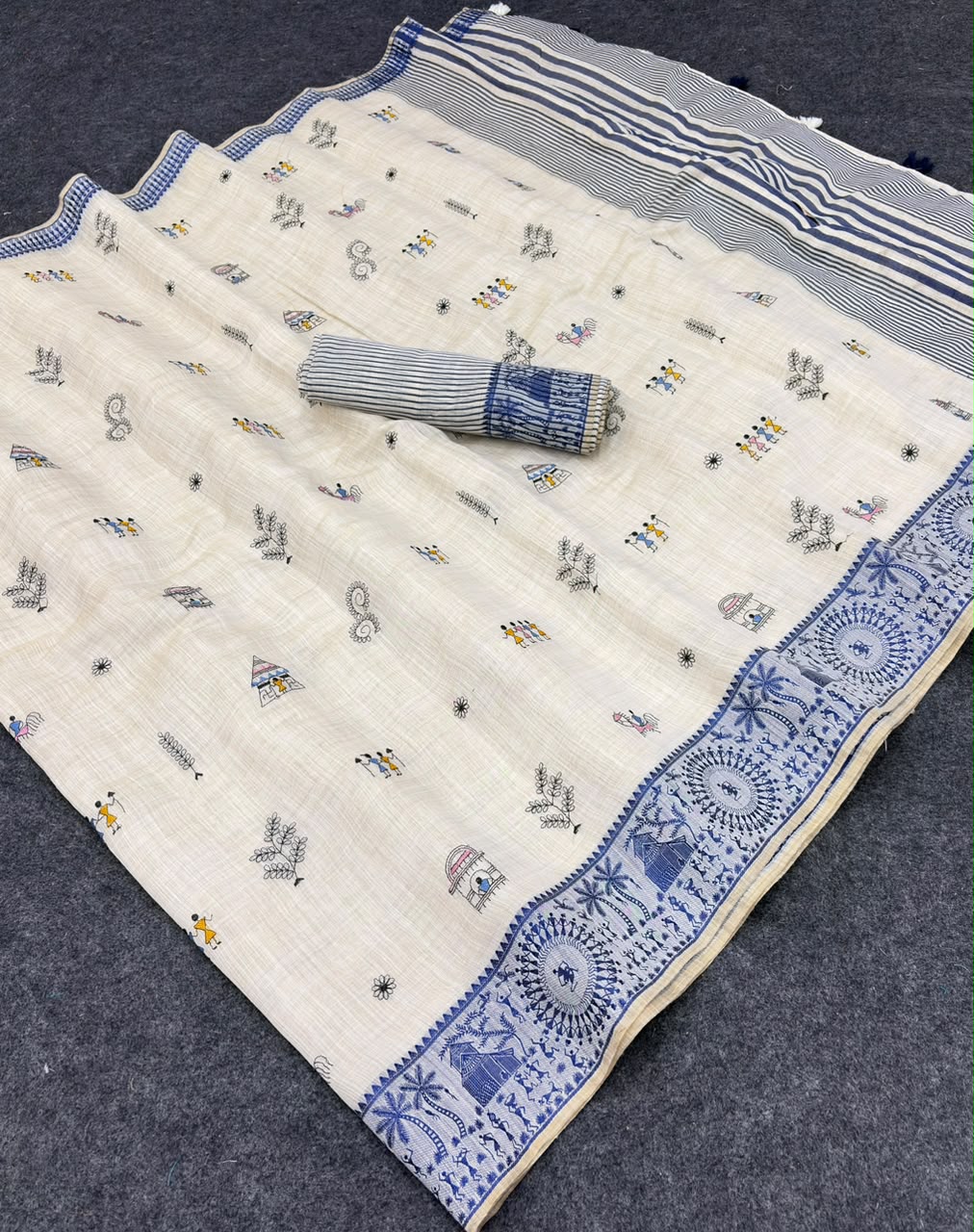 Peachmode Cream & Blue Muga Silk Warli Weave Border Saree - Image 7