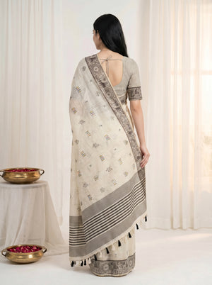 Peachmode Cream & Coffee Muga Silk Warli Weave Border Saree - Image 2