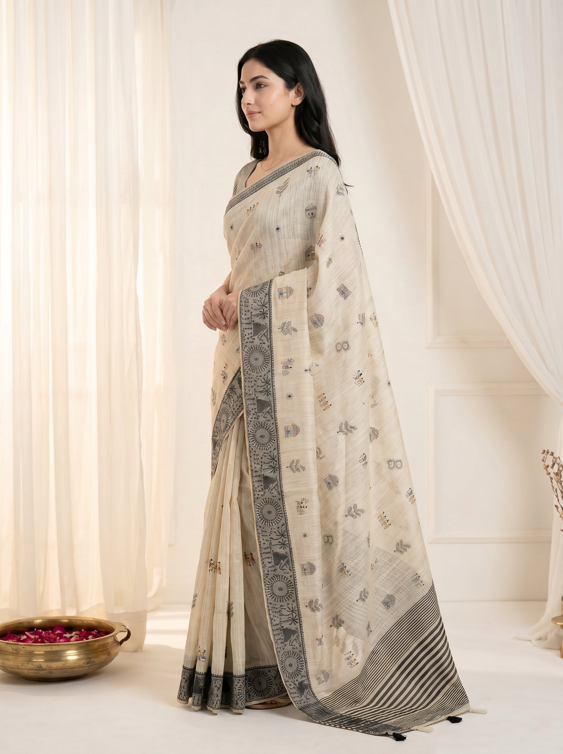 Peachmode Cream & Grey Muga Silk Warli Weave Border Saree - Image 4