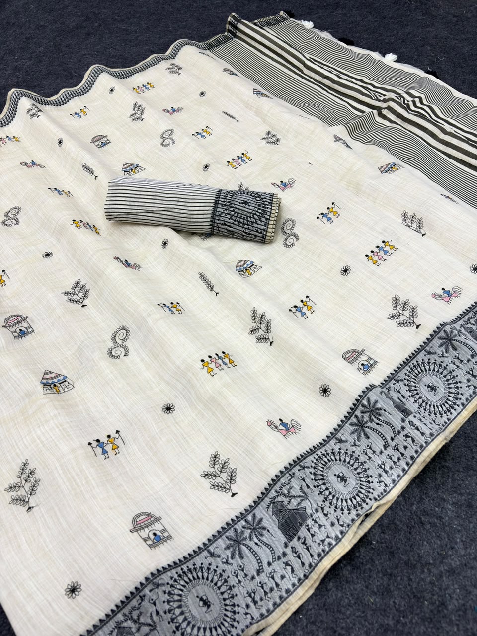 Peachmode Cream & Grey Muga Silk Warli Weave Border Saree - Image 7