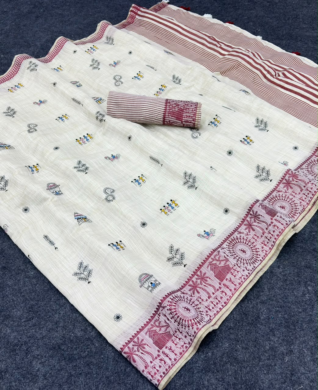 Peachmode Cream & Red Muga Silk Warli Weave Border Saree - Image 6