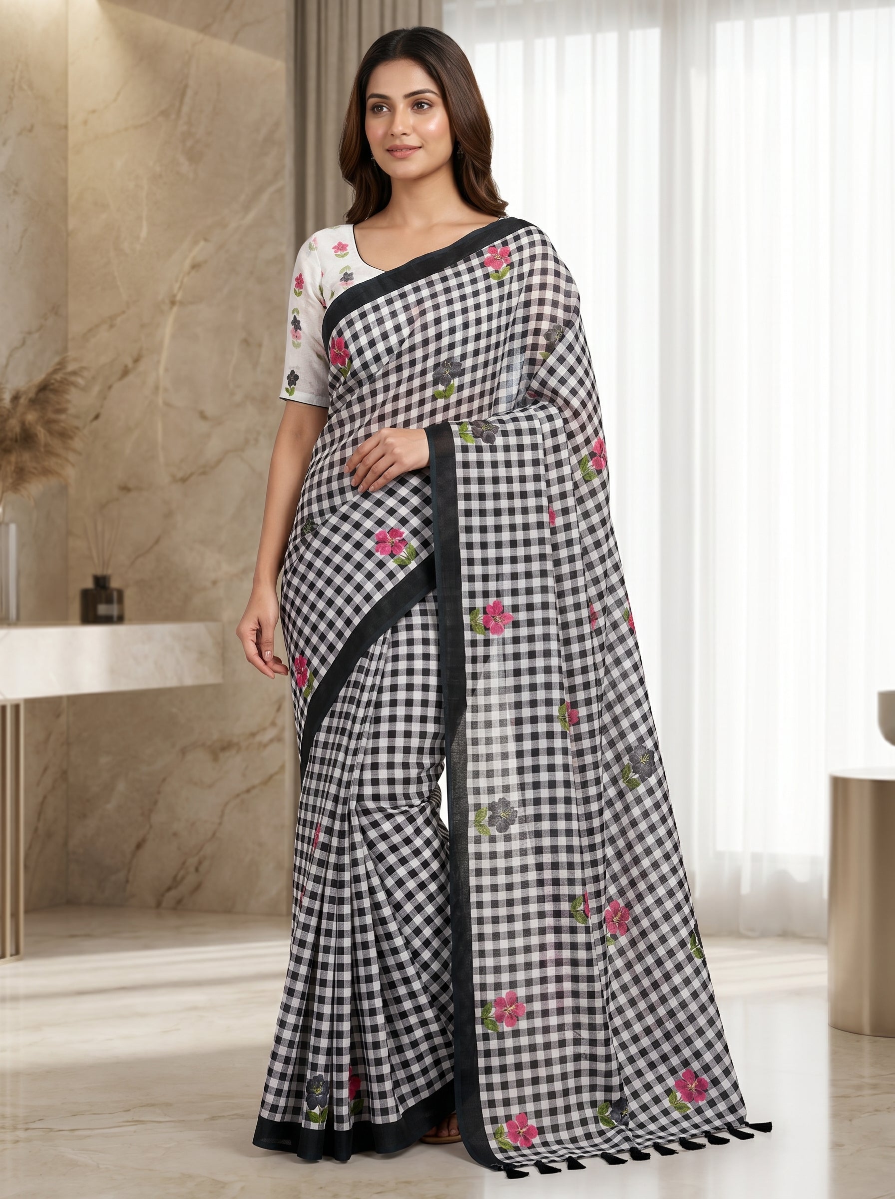 Peachmode Black Linen Cotton Checks Digital Print Saree - Image 1