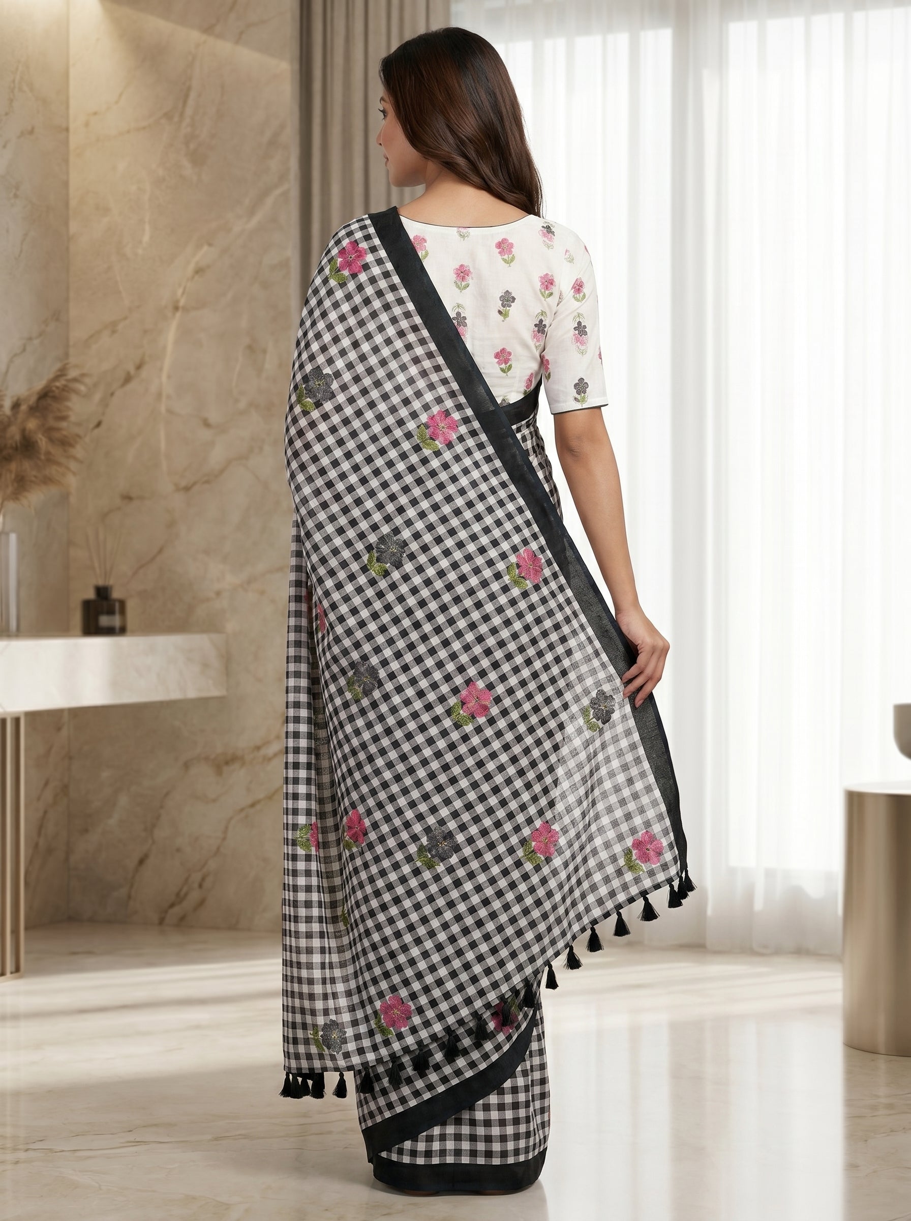 Peachmode Black Linen Cotton Checks Digital Print Saree - Image 2