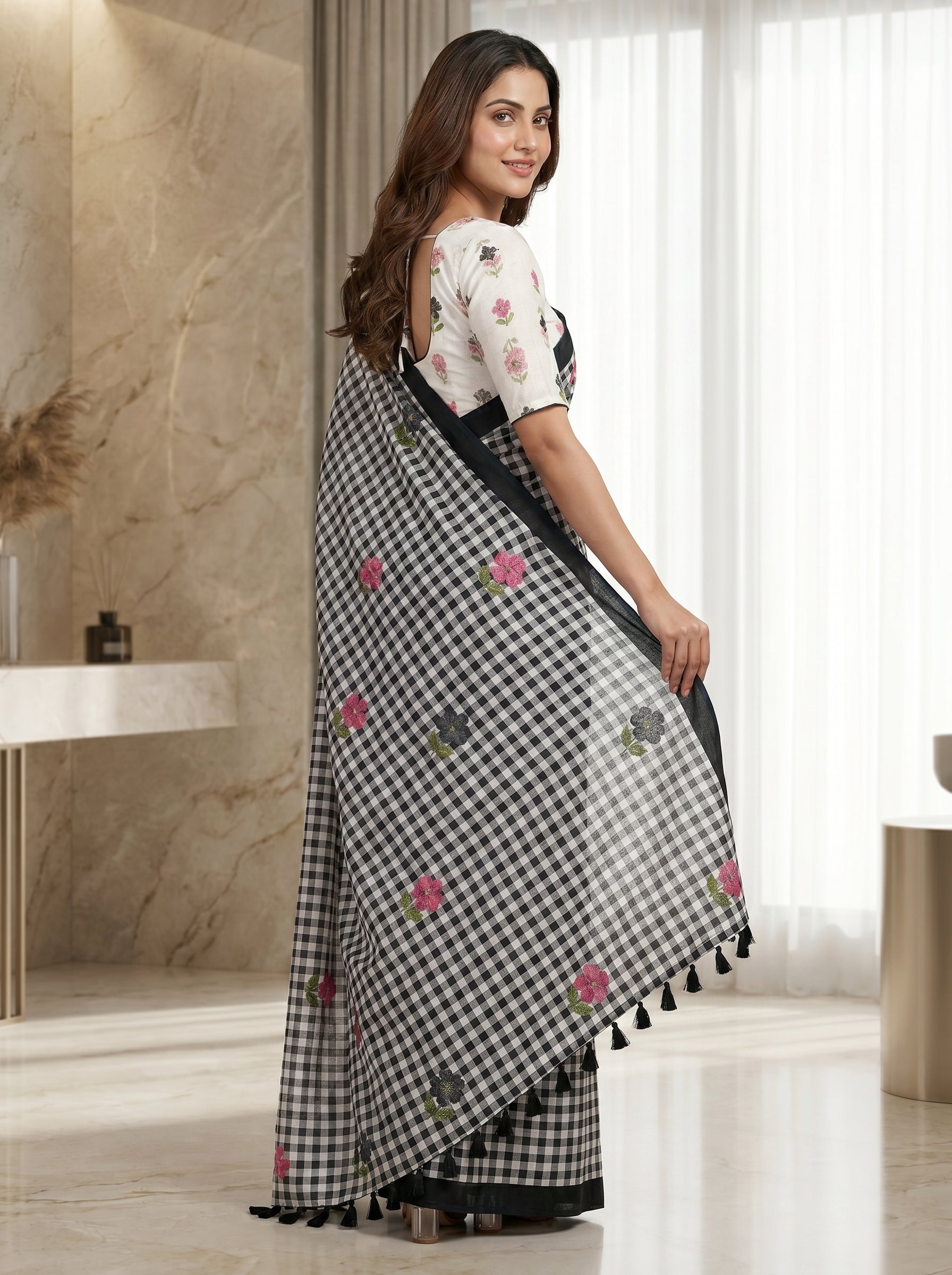 Peachmode Black Linen Cotton Checks Digital Print Saree - Image 3