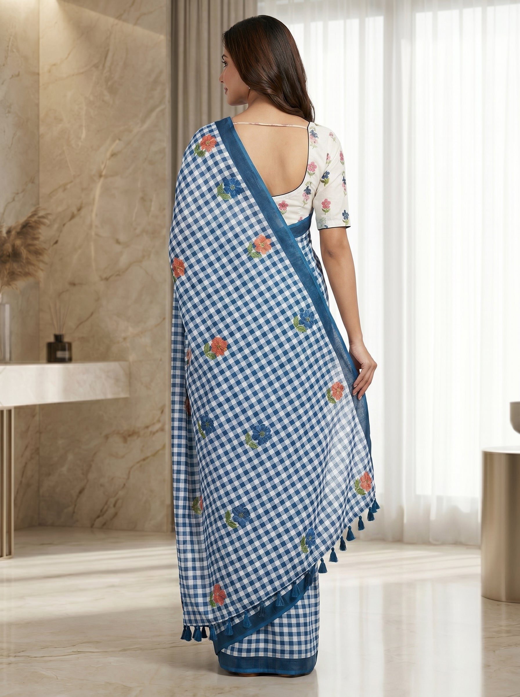 Peachmode Blue Linen Cotton Checks Digital Print Saree - Image 2