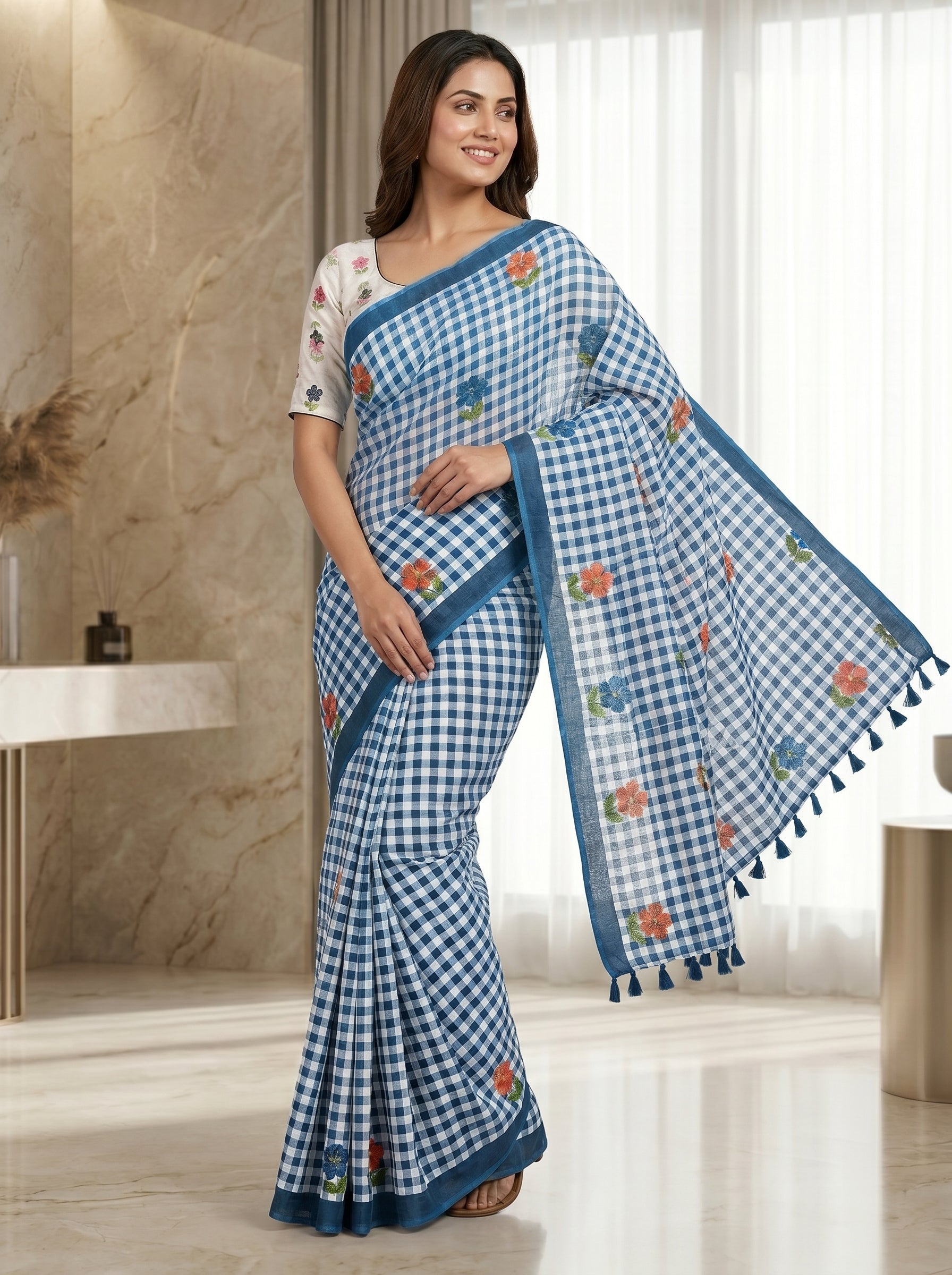 Peachmode Blue Linen Cotton Checks Digital Print Saree - Image 3