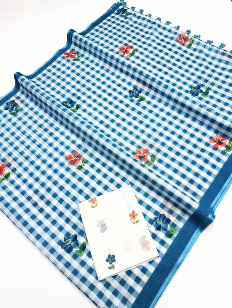 Peachmode Blue Linen Cotton Checks Digital Print Saree - Image 5