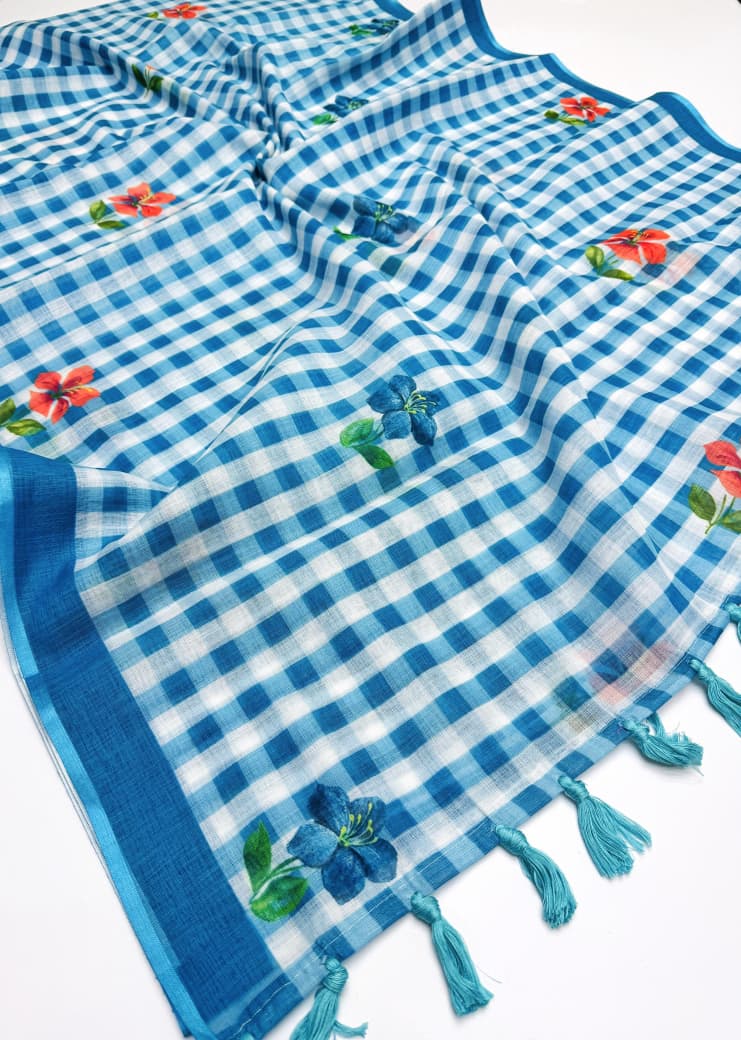Peachmode Blue Linen Cotton Checks Digital Print Saree - Image 6