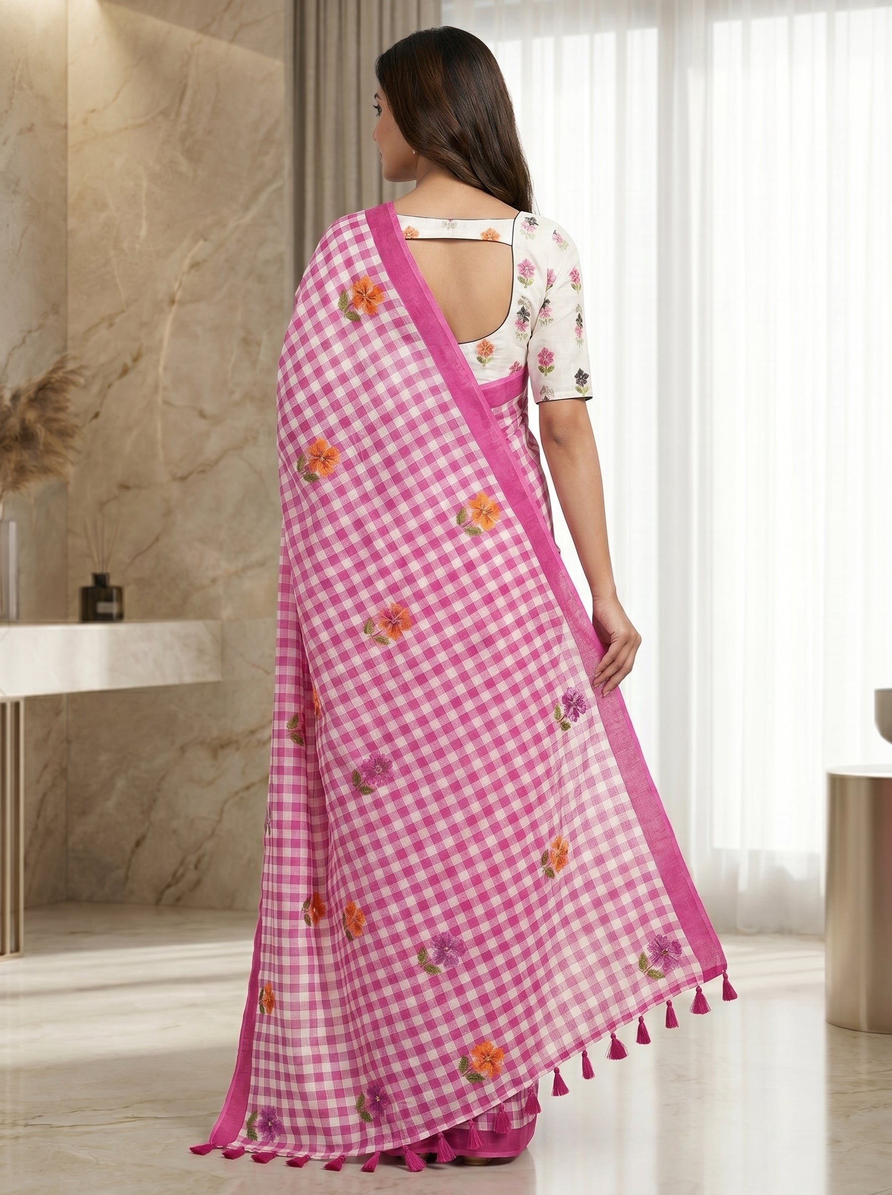 Peachmode Pink Linen Cotton Checks Digital Print Saree - Image 2