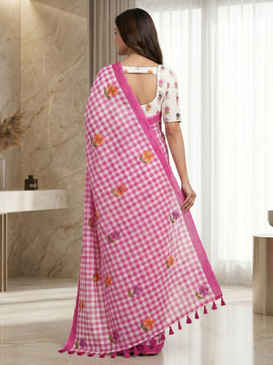 Peachmode Pink Linen Cotton Checks Digital Print Saree - Image 2