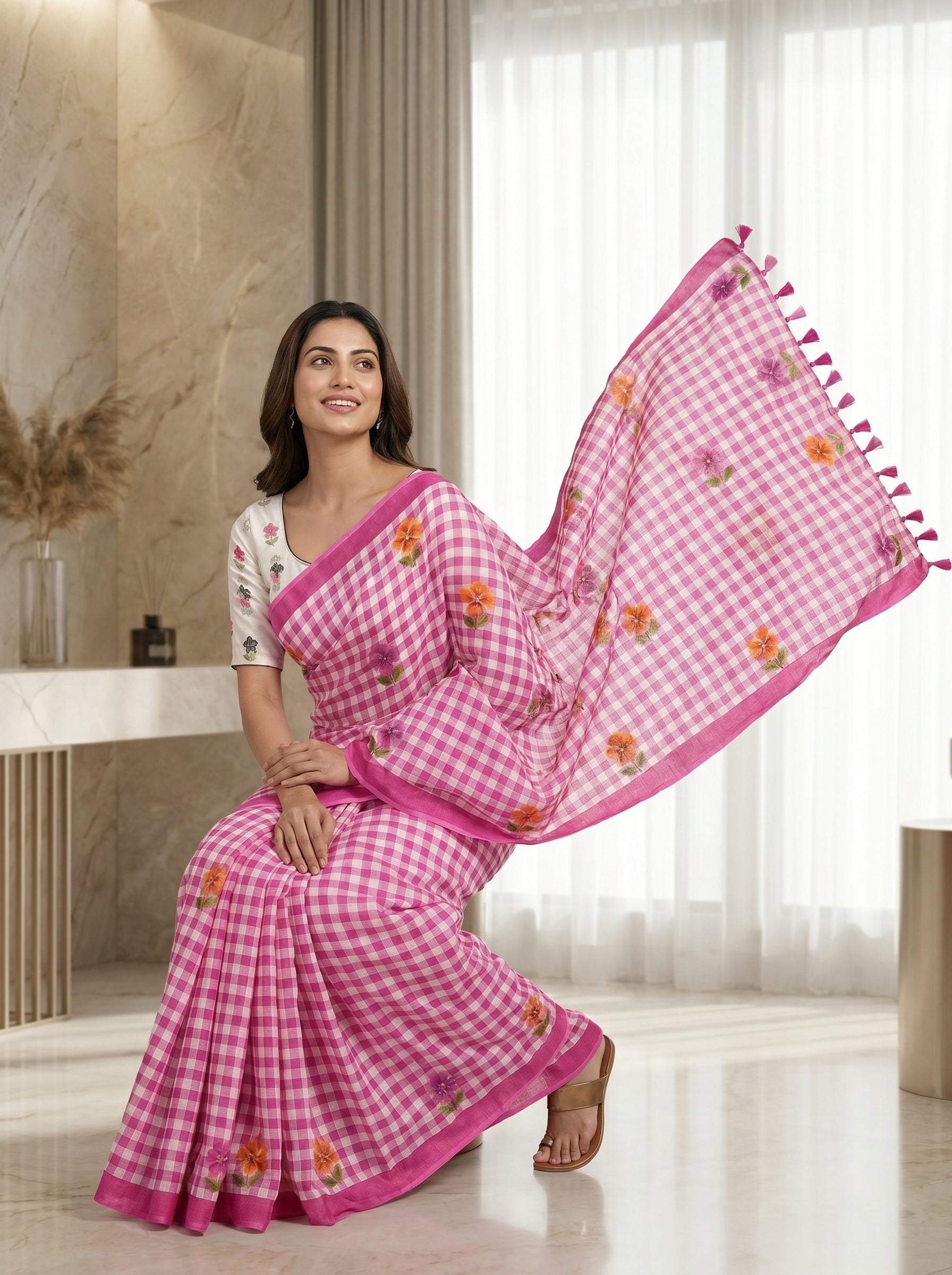 Peachmode Pink Linen Cotton Checks Digital Print Saree - Image 3