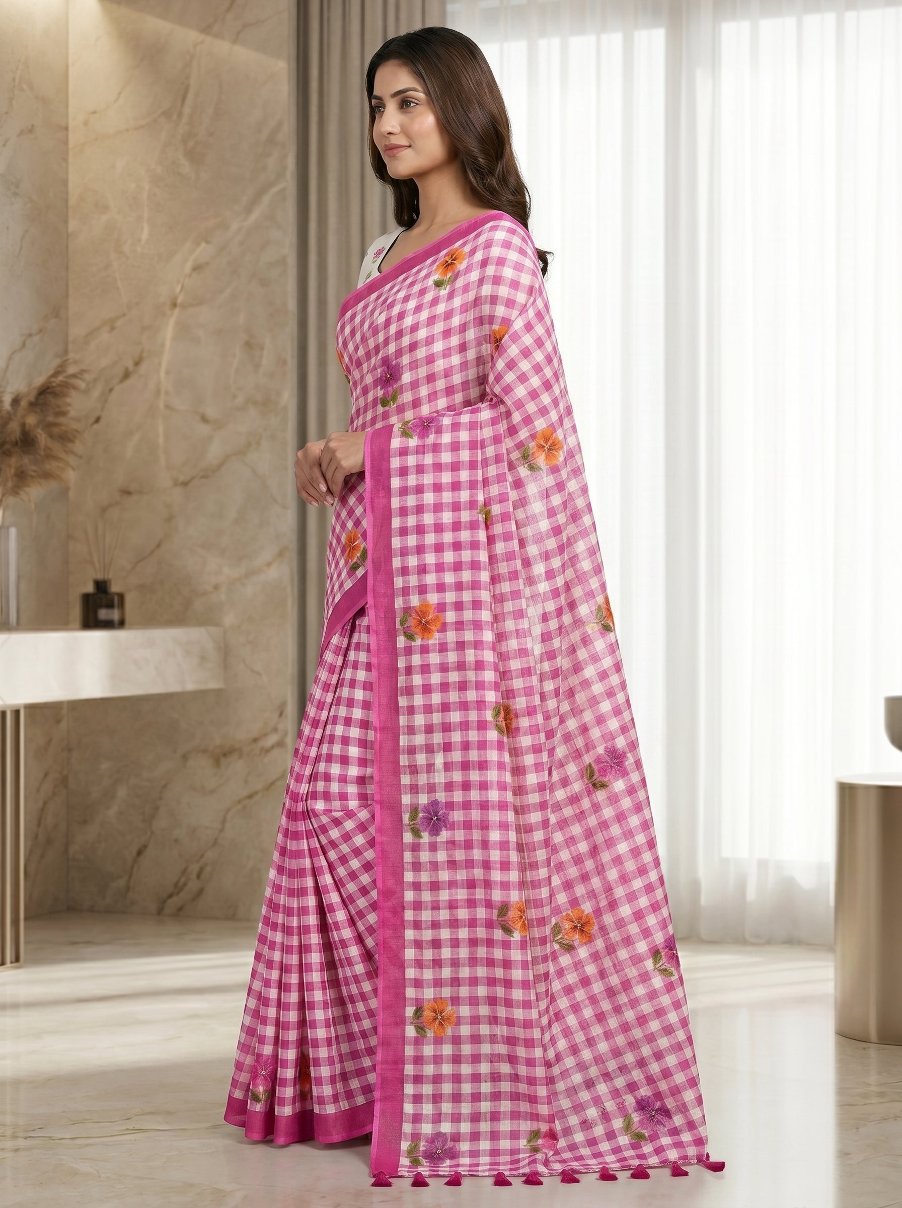 Peachmode Pink Linen Cotton Checks Digital Print Saree - Image 4