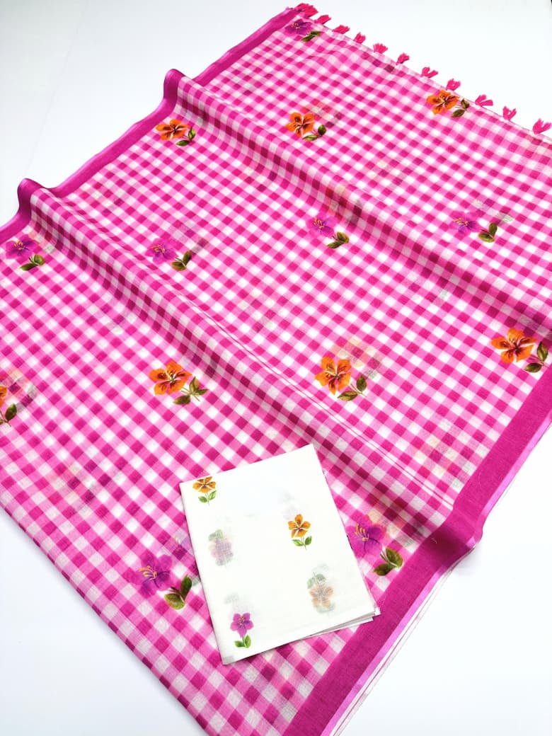 Peachmode Pink Linen Cotton Checks Digital Print Saree - Image 5
