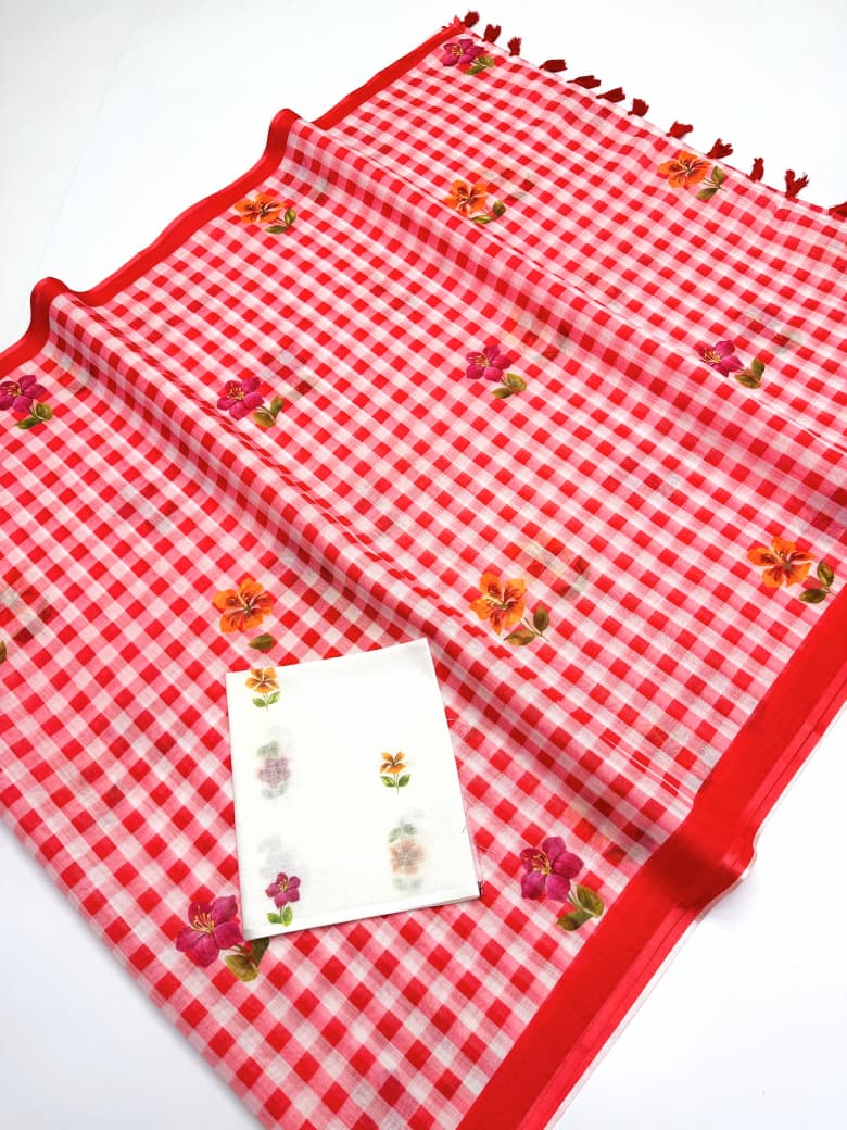 Peachmode Red Linen Cotton Checks Digital Print Saree - Image 6