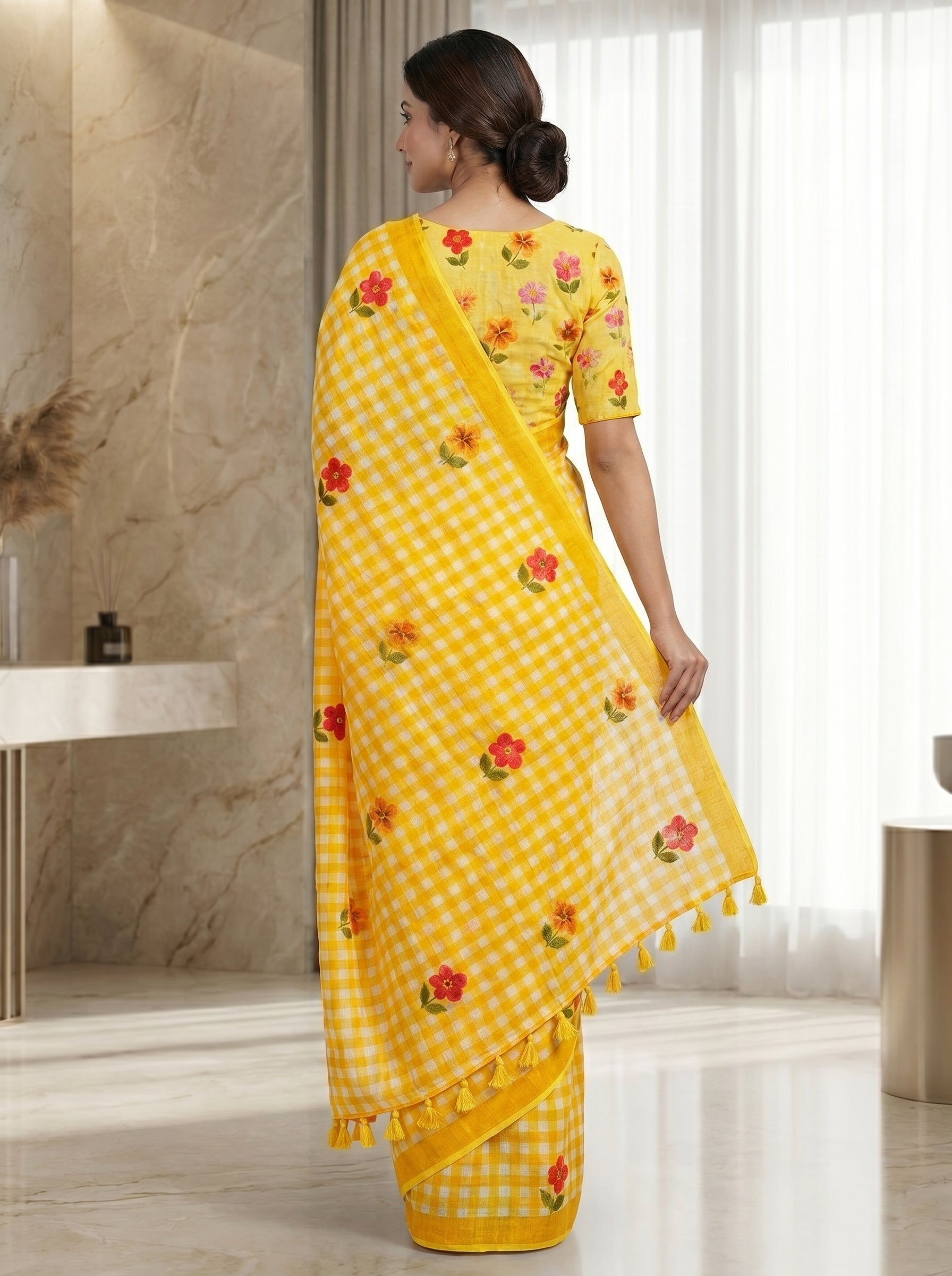 Peachmode Yellow Linen Cotton Checks Digital Print Saree - Image 2