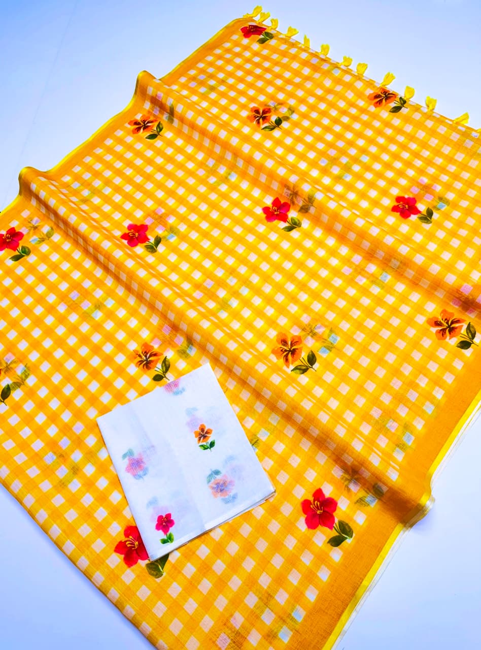 Peachmode Yellow Linen Cotton Checks Digital Print Saree - Image 6