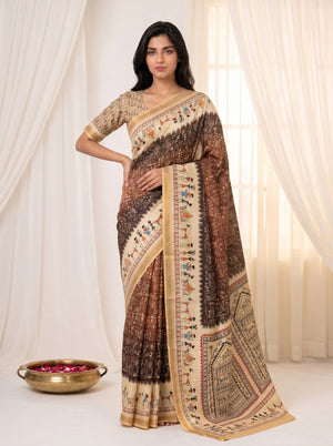 Peachmode Brown Cotton Blend Warli Digital Print Saree - Image 1