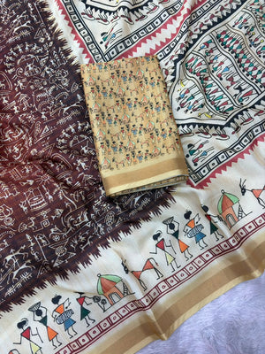 Peachmode Brown Cotton Blend Warli Digital Print Saree - Image 2
