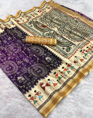 Peachmode Purple Cotton Blend Warli Digital Print Saree - Image 2