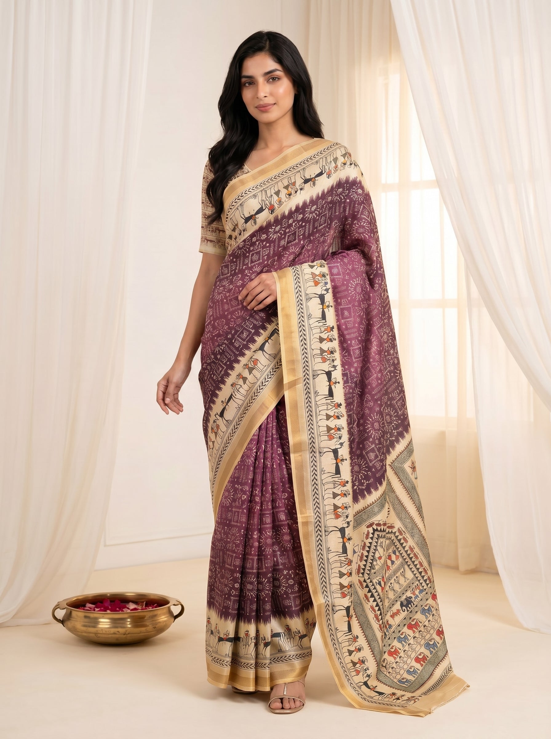 Peachmode Wine Cotton Blend Warli Digital Print Saree - Image 1