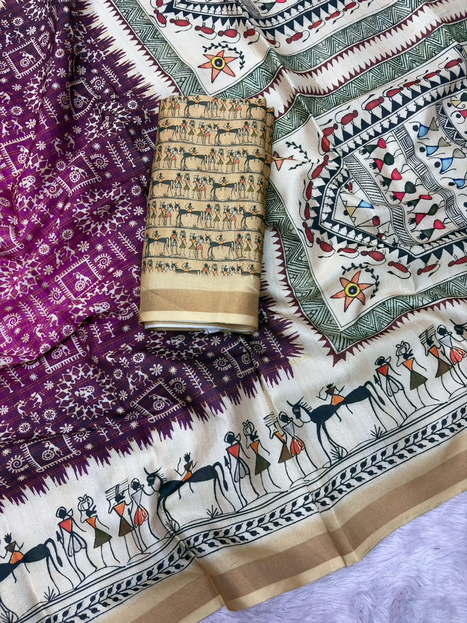 Peachmode Wine Cotton Blend Warli Digital Print Saree - Image 2