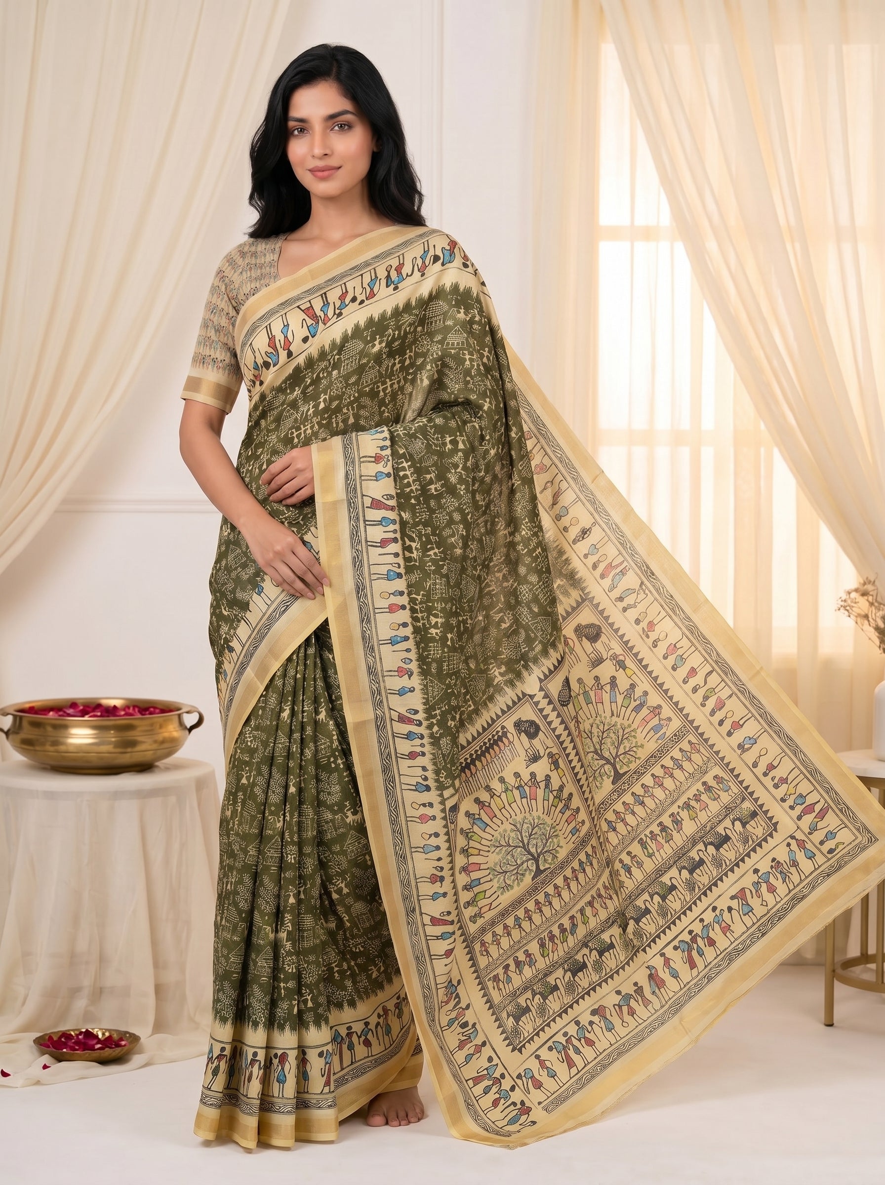 Peachmode Mehendi Cotton Blend Warli Digital Print Saree - Image 1