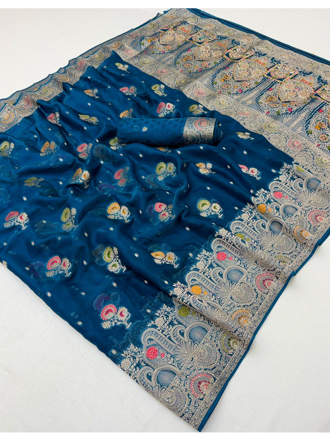 Peachmode Blue Organza Saree with Mina Weaving Work - Image 2