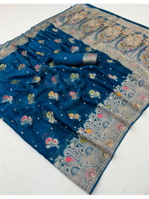 Peachmode Blue Organza Saree with Mina Weaving Work - Image 2