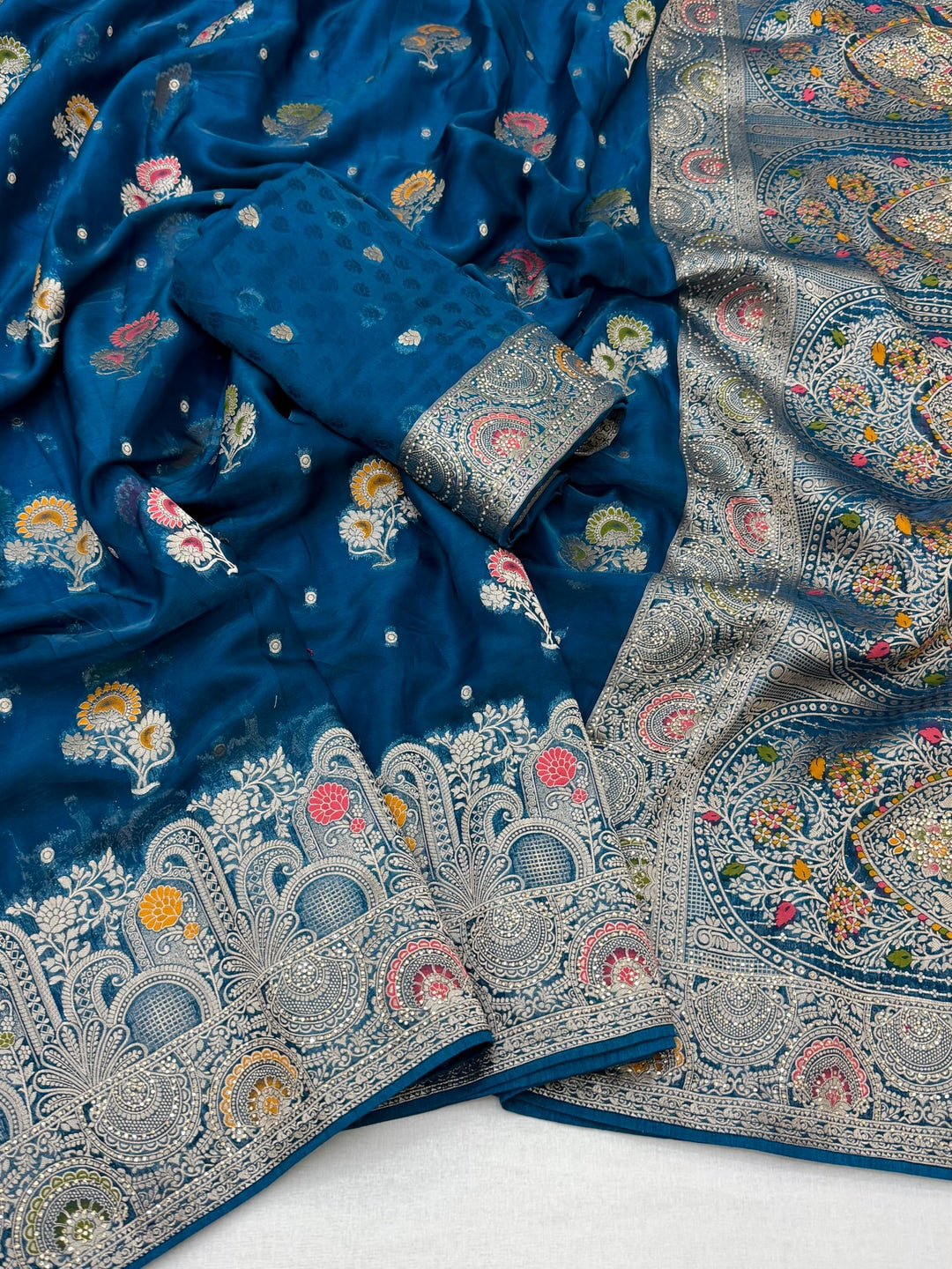 Peachmode Blue Organza Saree with Mina Weaving Work - Image 3