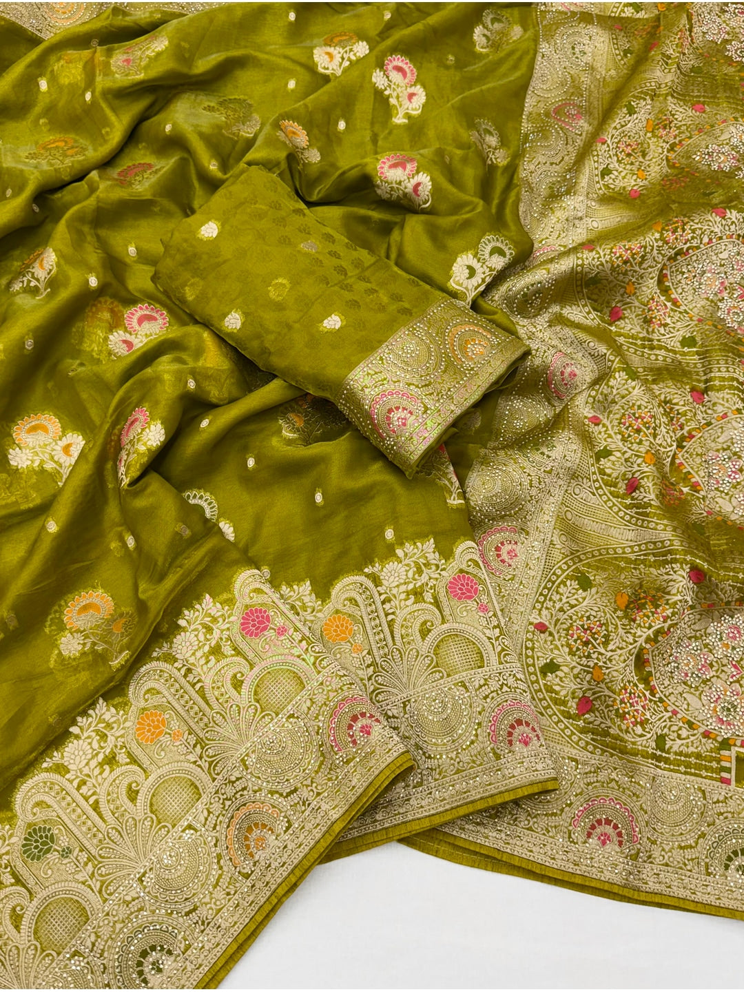 Peachmode Green Organza Saree with Mina Weaving Work - Image 2