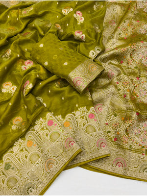 Peachmode Green Organza Saree with Mina Weaving Work - Image 2