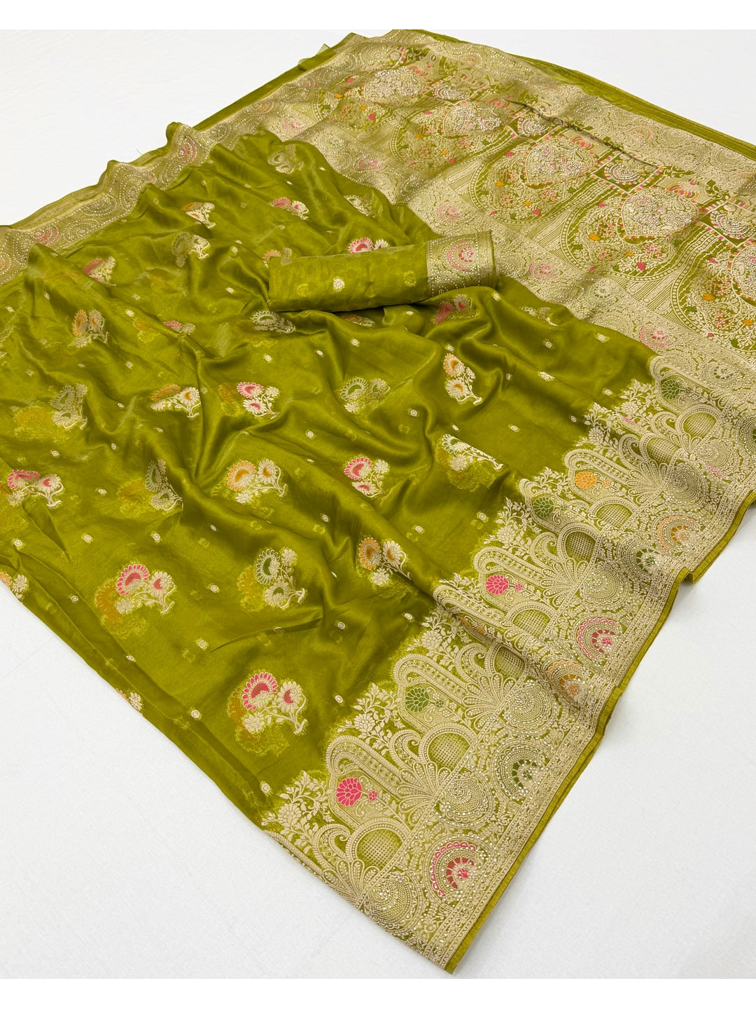 Peachmode Green Organza Saree with Mina Weaving Work - Image 3