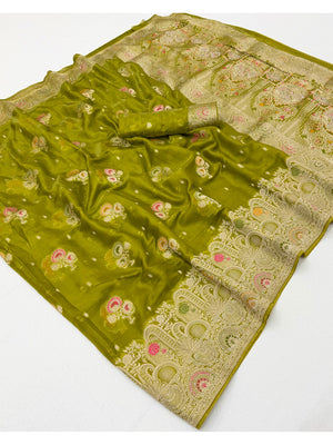 Peachmode Green Organza Saree with Mina Weaving Work - Image 3