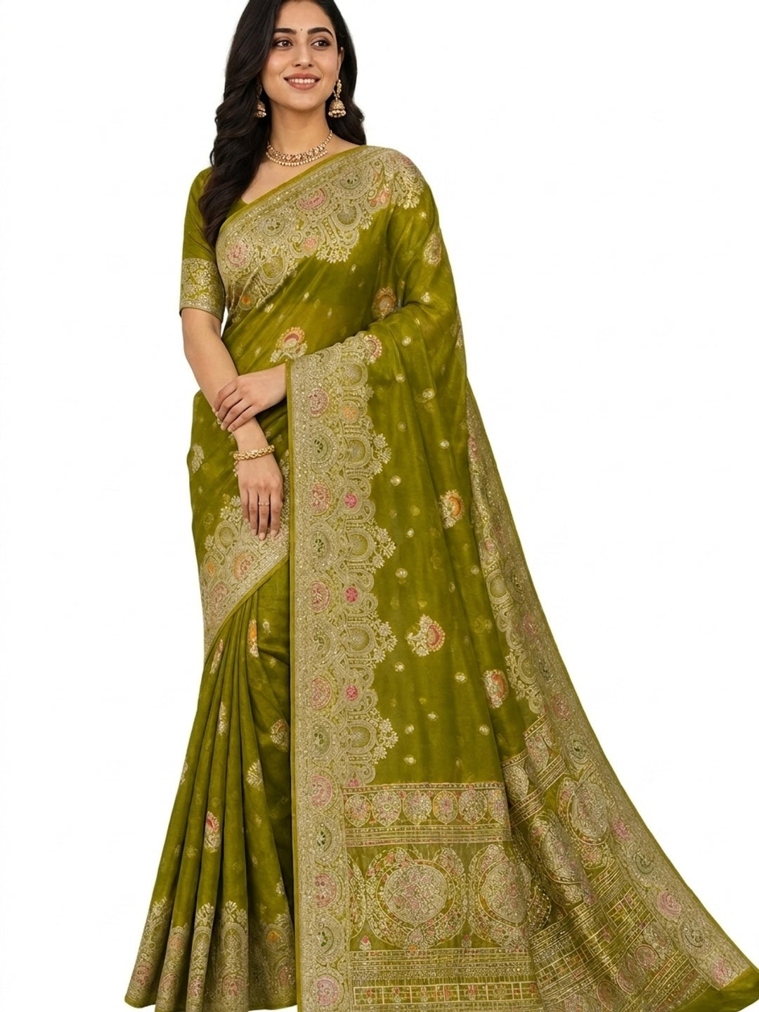 Peachmode Green Organza Saree with Mina Weaving Work - Image 4