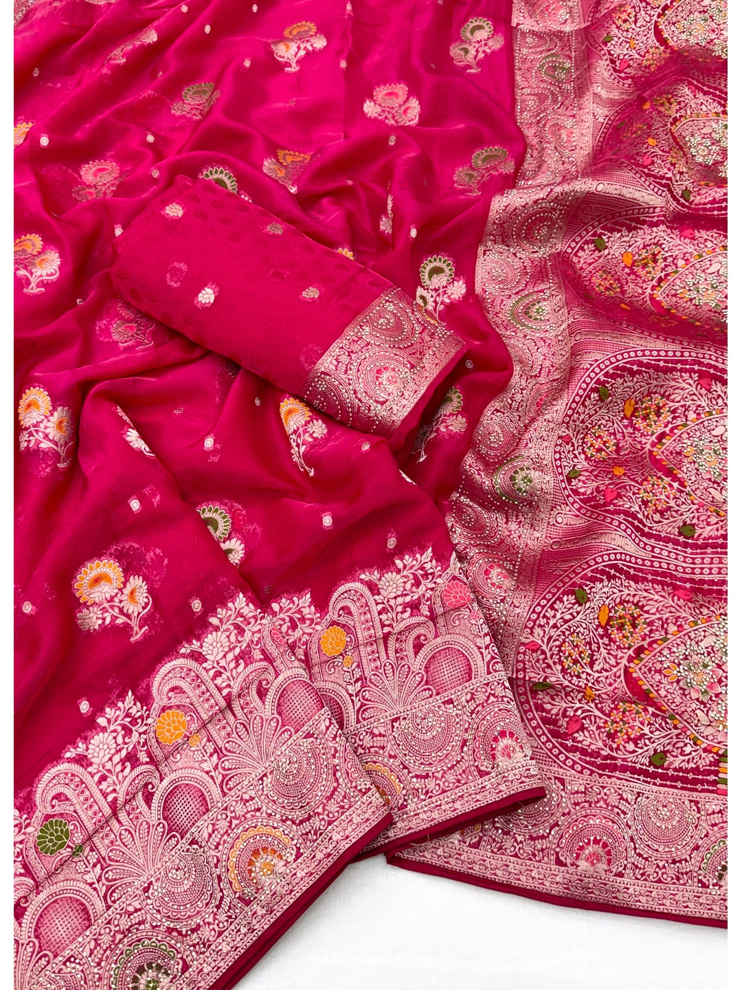 Peachmode Pink Organza Saree with Mina Weaving Work - Image 2