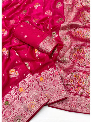 Peachmode Pink Organza Saree with Mina Weaving Work - Image 2
