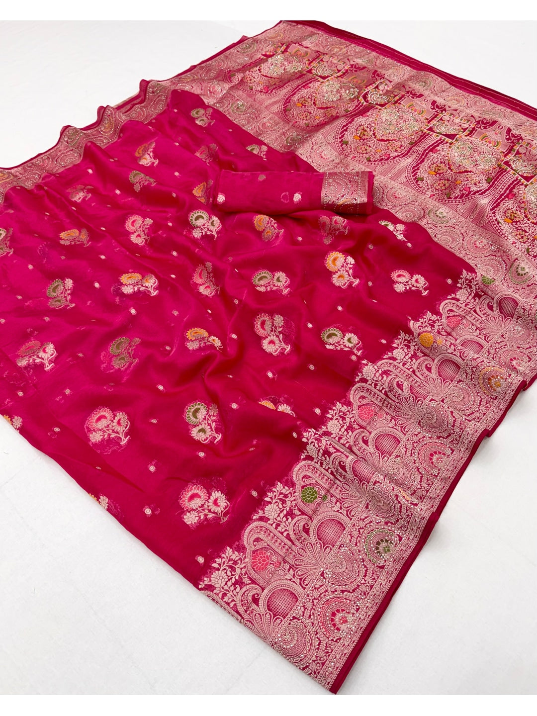 Peachmode Pink Organza Saree with Mina Weaving Work - Image 3