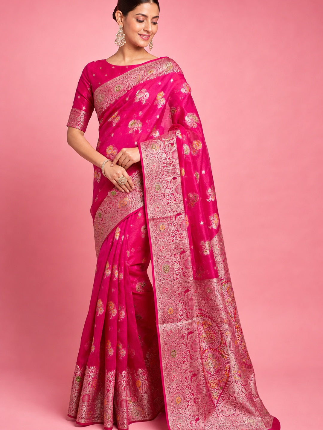 Peachmode Pink Organza Saree with Mina Weaving Work - Image 1
