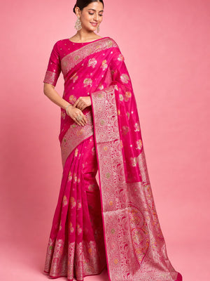 Peachmode Pink Organza Saree with Mina Weaving Work - Image 1
