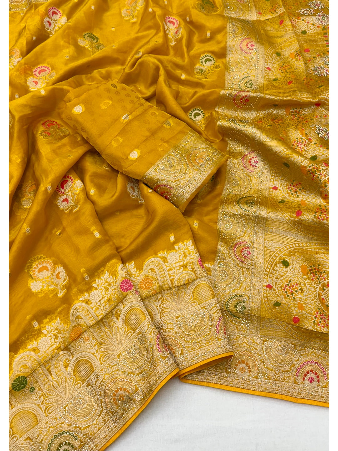 Peachmode Yellow Organza Saree with Mina Weaving Work - Image 2