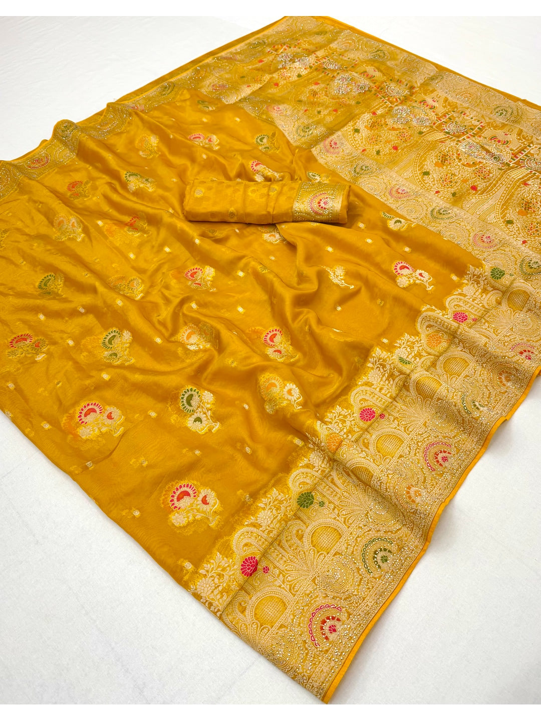 Peachmode Yellow Organza Saree with Mina Weaving Work - Image 3